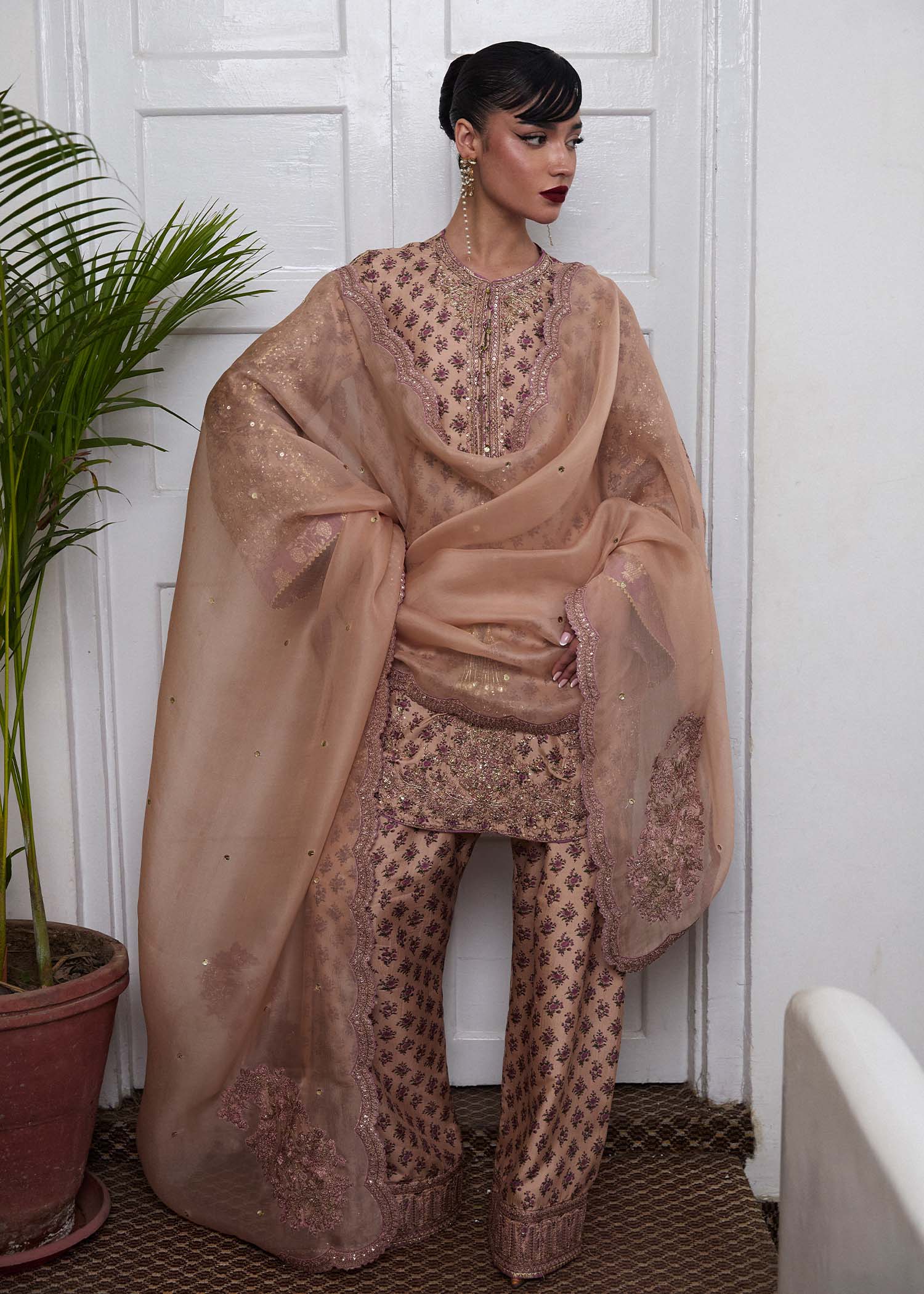Fran- Elegant Beige Fawn Digital Printed Culottes and Kameez Set By- Hussain Rehar