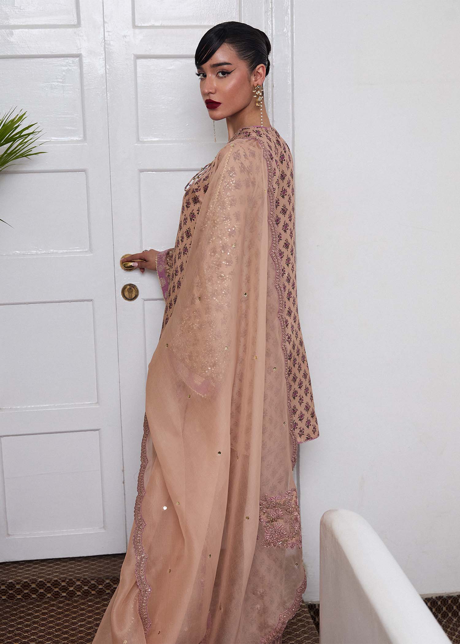 Fran- Elegant Beige Fawn Digital Printed Culottes and Kameez Set By- Hussain Rehar