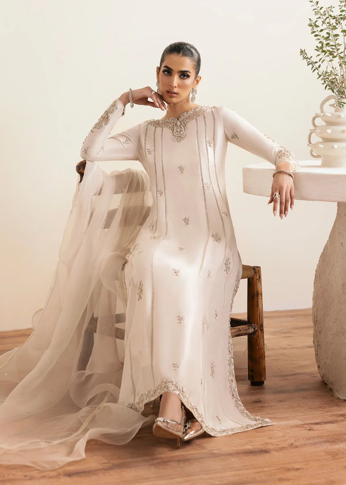 Freya-Designer Hand-Embroidered Raw Silk A-Line Shirt with Culottes By-Kanwal Malik