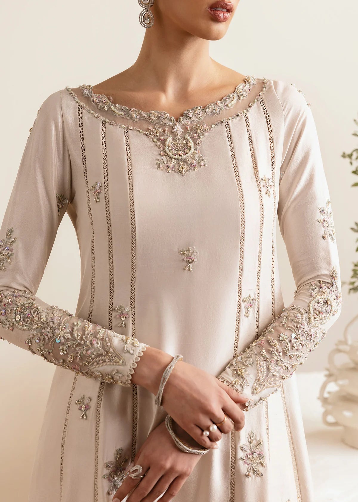 Freya-Designer Hand-Embroidered Raw Silk A-Line Shirt with Culottes By-Kanwal Malik