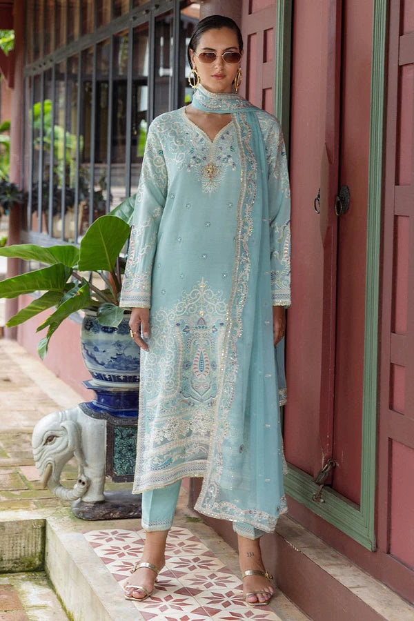 Freyelle stitched light blue raw silk embroidered outfit with chiffon dupatta – luxury party & festive wear worldwide.