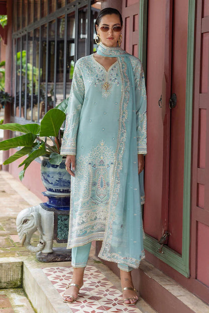 Freyelle stitched light blue raw silk embroidered outfit with chiffon dupatta – luxury party & festive wear worldwide.