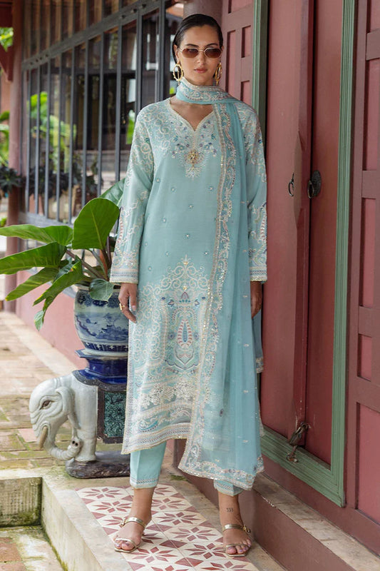 Freyelle stitched light blue raw silk embroidered outfit with chiffon dupatta – luxury party & festive wear worldwide.