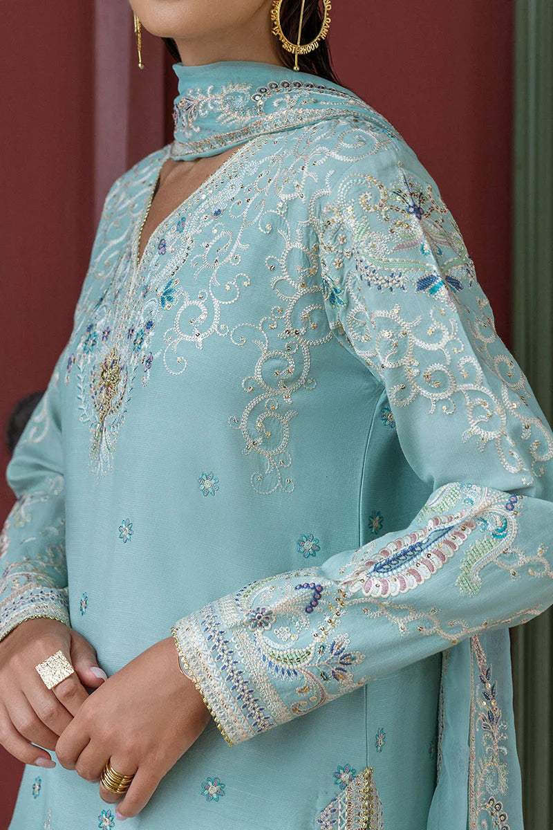 Freyelle stitched light blue raw silk embroidered outfit with chiffon dupatta – luxury party & festive wear worldwide.