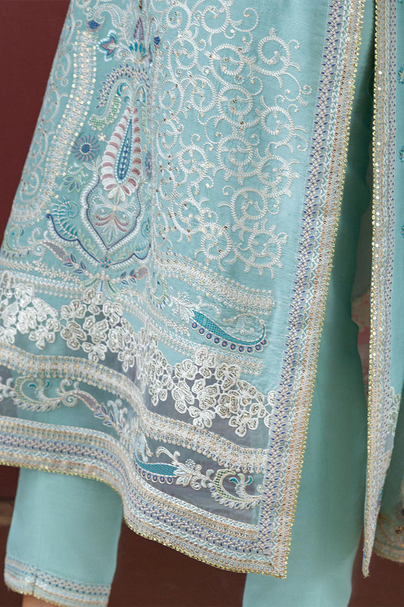 Freyelle stitched light blue raw silk embroidered outfit with chiffon dupatta – luxury party & festive wear worldwide.