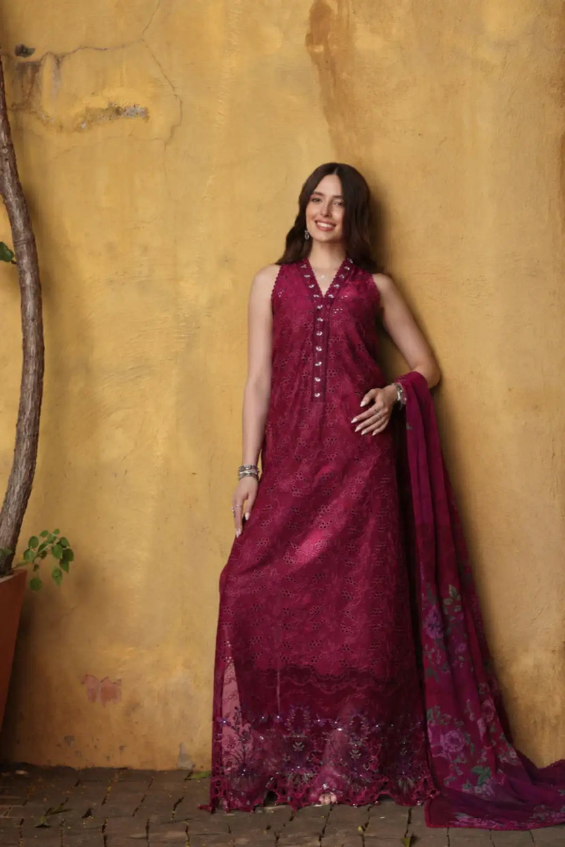 Fuchia Élégance D4 by Saadia Asad Fuschia Berry stitched lawn 3PC with embroidery and chiffon dupatta