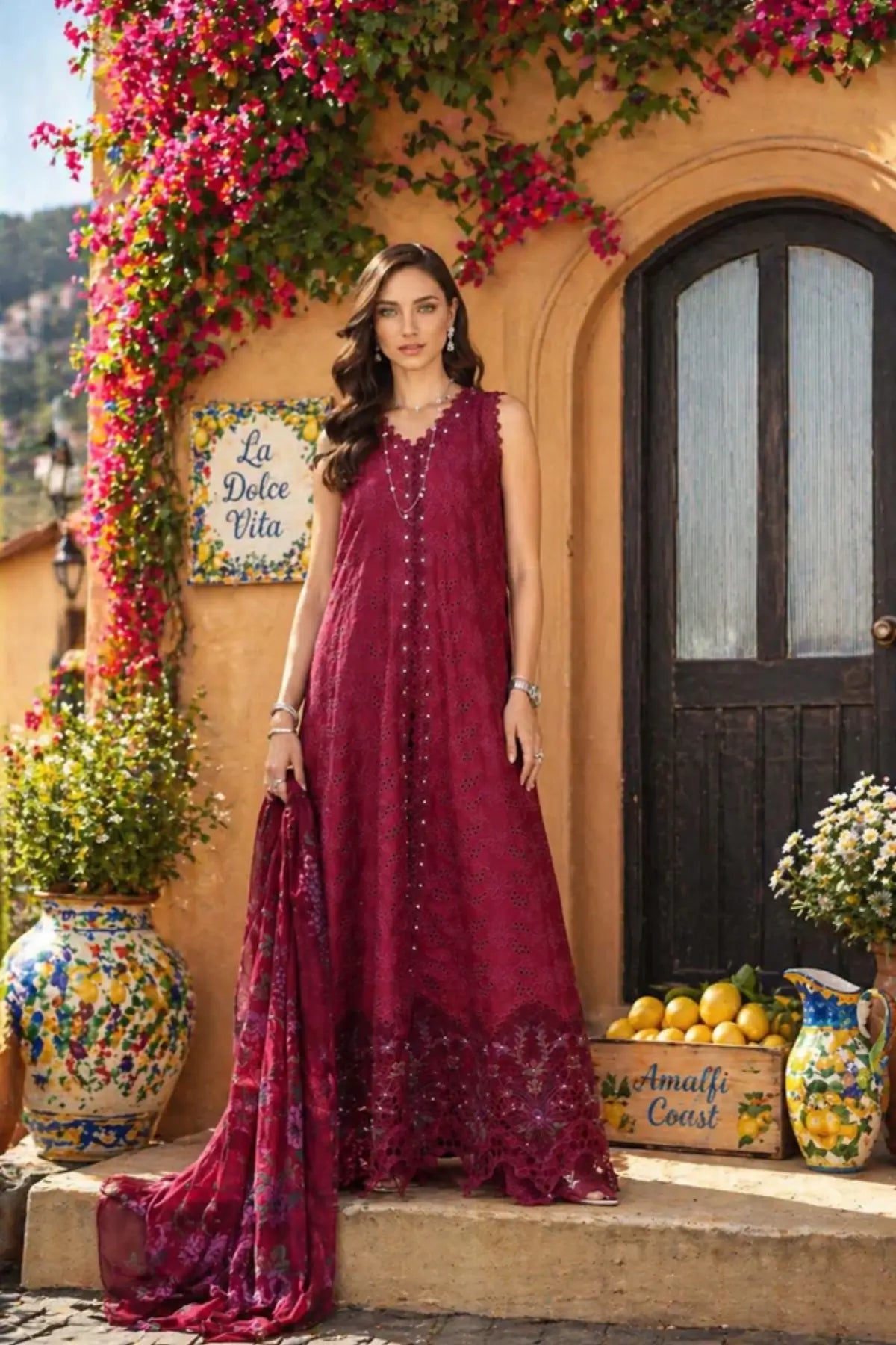 Fuchia Élégance D4 by Saadia Asad Fuschia Berry stitched lawn 3PC with embroidery and chiffon dupatta