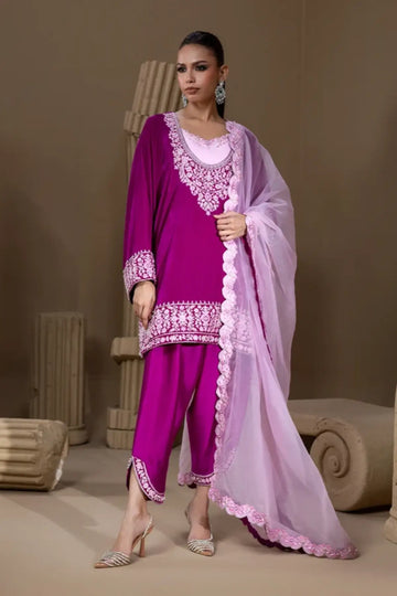 Fuchsia Blush pink embroidered velvet shalwar kameez with white resham floral detailing, pure raw silk shalwar and lilac organza dupatta.