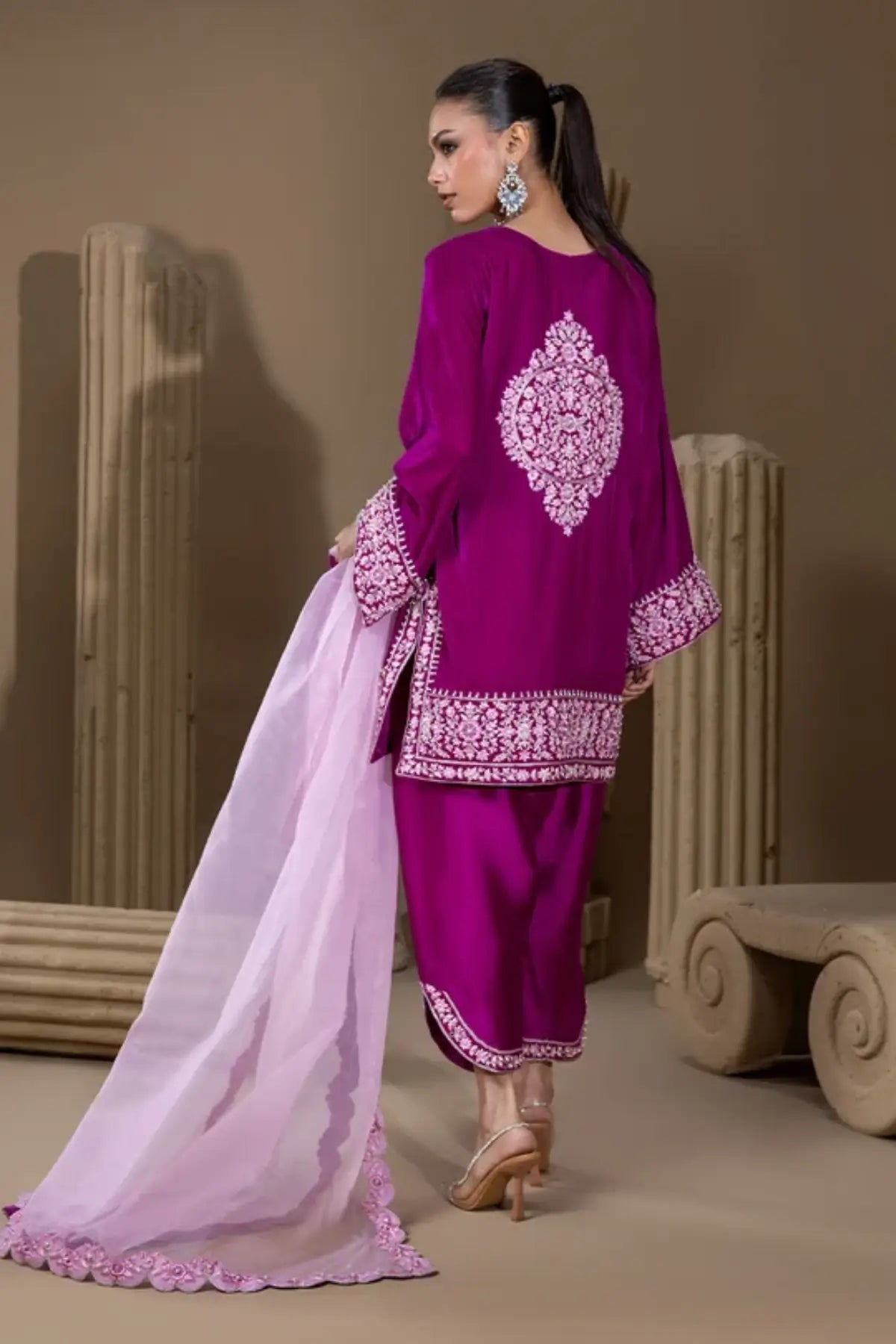 Fuchsia Blush pink embroidered velvet shalwar kameez with white resham floral detailing, pure raw silk shalwar and lilac organza dupatta.