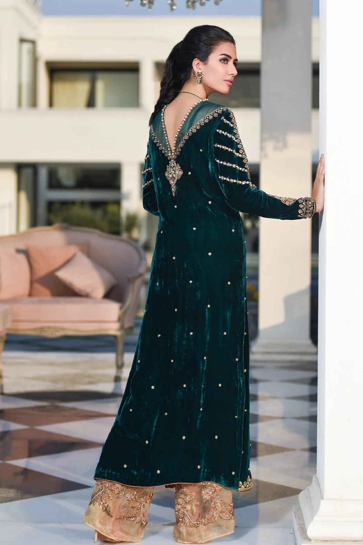 Velvet shirt with zardozi work, jamawar pants with organza applique hem, and matching organza dupatta – perfect for festive wear 2025.