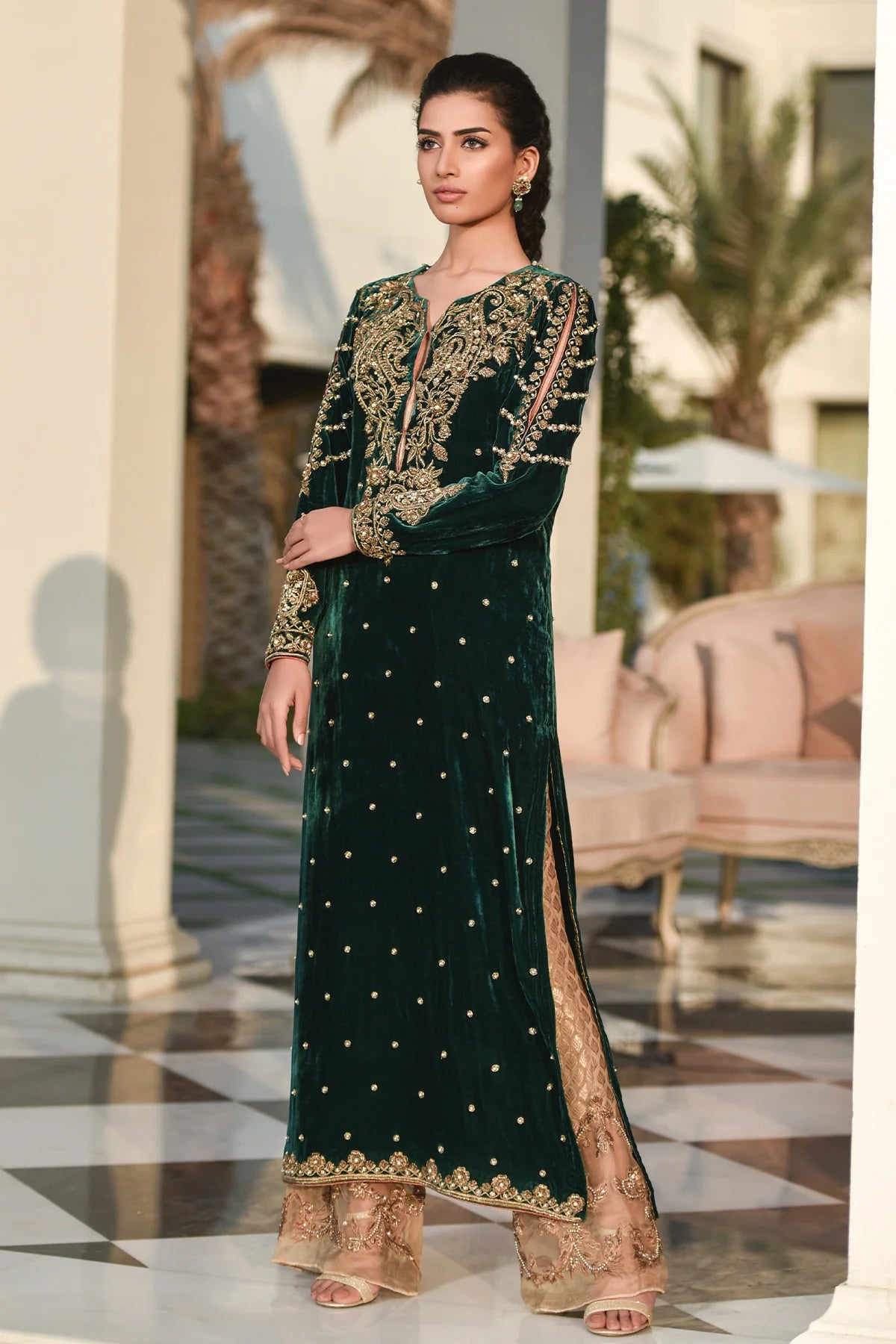 Velvet shirt with zardozi work, jamawar pants with organza applique hem, and matching organza dupatta – perfect for festive wear 2025.