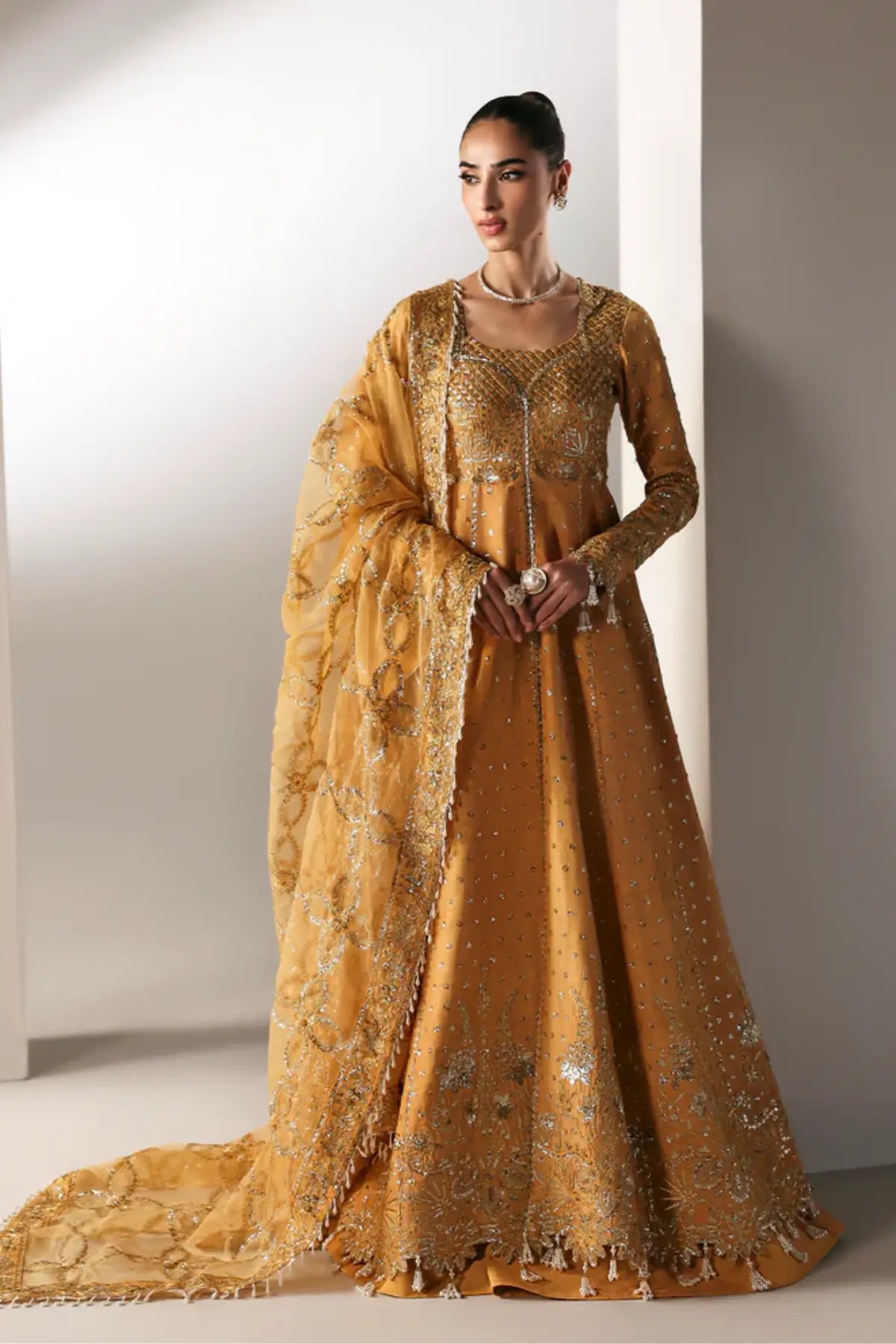 GOLDEN HOUR Emaan Adeel mustard traditional stitched raw silk pishwas wedding wear Pakistanimoda.