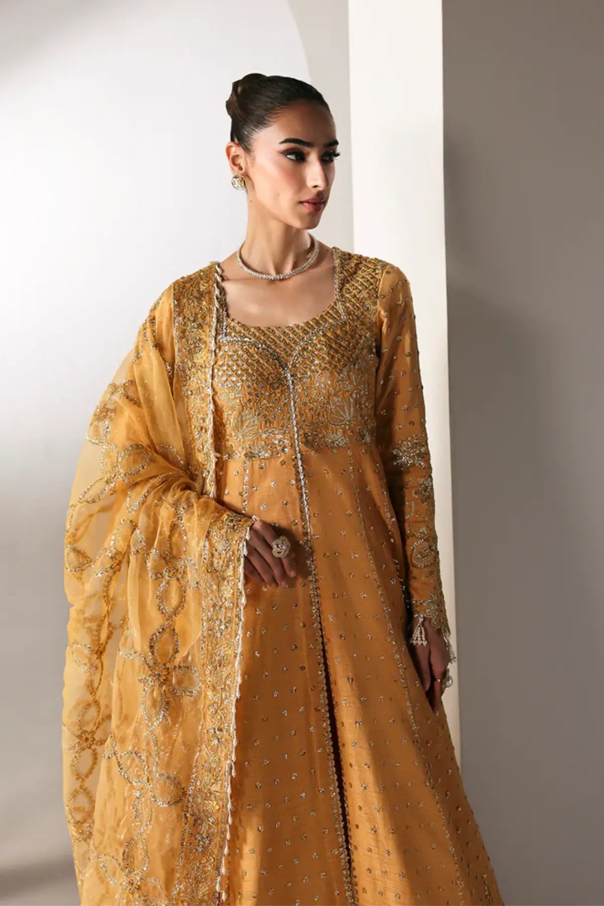 GOLDEN HOUR Emaan Adeel mustard traditional stitched raw silk pishwas wedding wear Pakistanimoda.