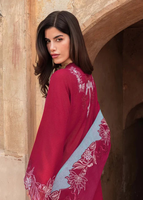 Saira Shakira GULNAAR-4A pink stitched karandi winter suit with embroidered wool shawl at Pakistanimoda.