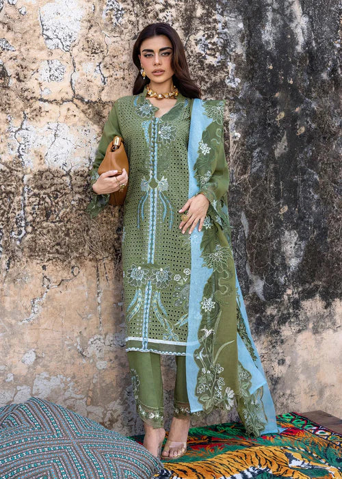 Saira Shakira GULNAAR-4B olive stitched karandi suit with embroidered wool shawl at Pakistanimoda.