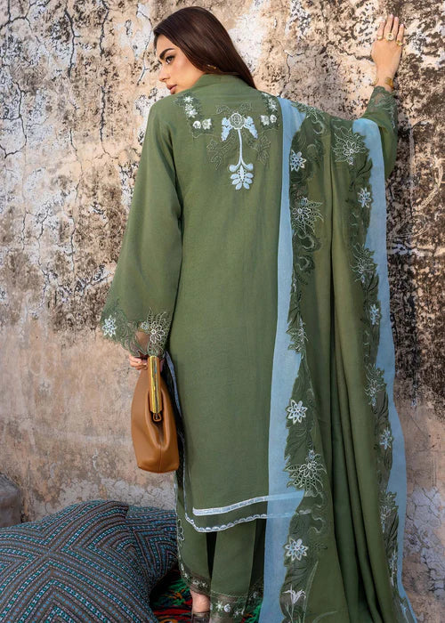 Saira Shakira GULNAAR-4B olive stitched karandi suit with embroidered wool shawl at Pakistanimoda.