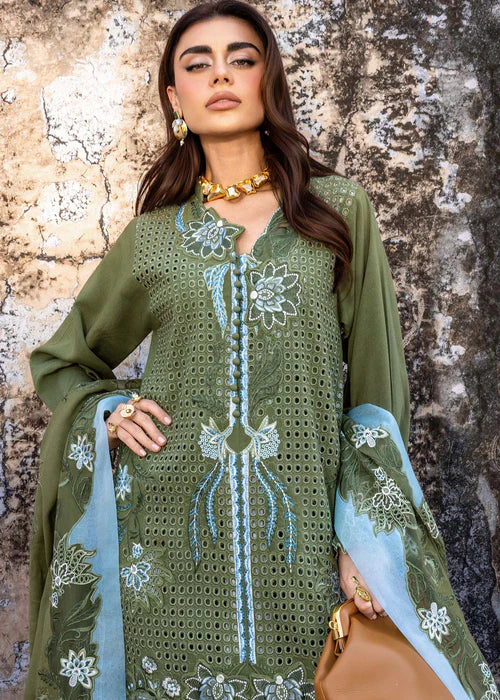 Saira Shakira GULNAAR-4B olive stitched karandi suit with embroidered wool shawl at Pakistanimoda.