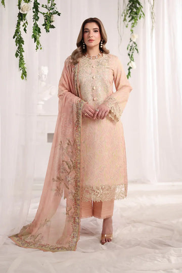 Gabriella Rang Rasiya Champagne designer lawn stitched suit with embroidered front, organza borders, textured dupatta and cotton trousers