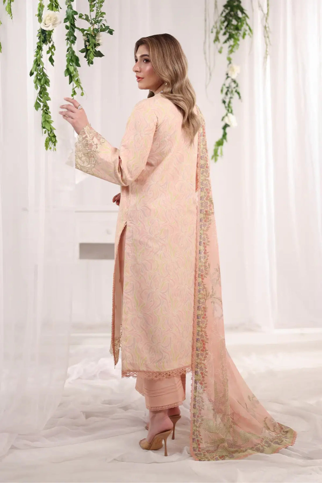 Gabriella Rang Rasiya Champagne designer lawn stitched suit with embroidered front, organza borders, textured dupatta and cotton trousers