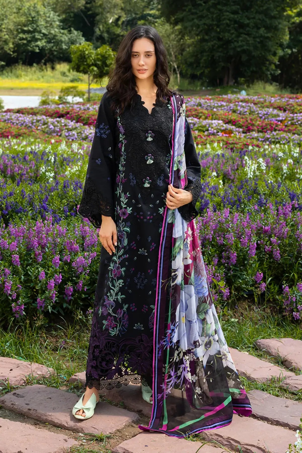 Mushq Garden Lullaby black lawn suit with organza sleeve border and chiffon dupatta