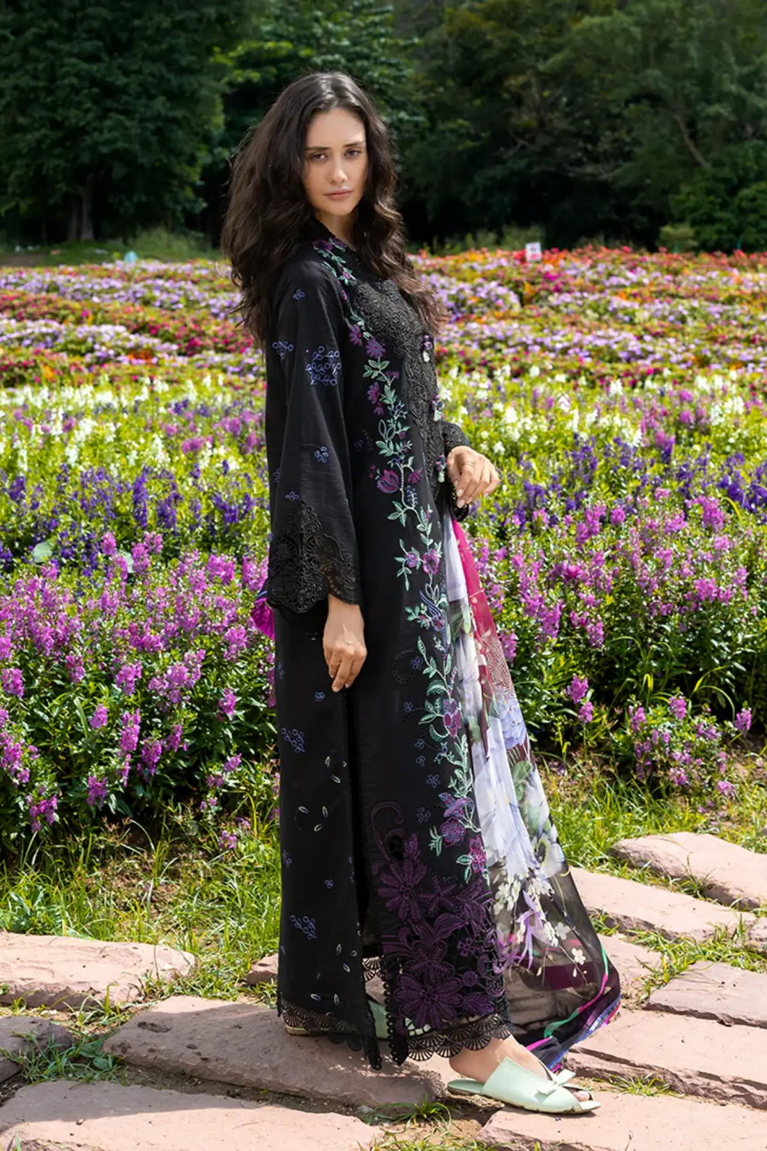 Mushq Garden Lullaby black lawn suit with organza sleeve border and chiffon dupatta