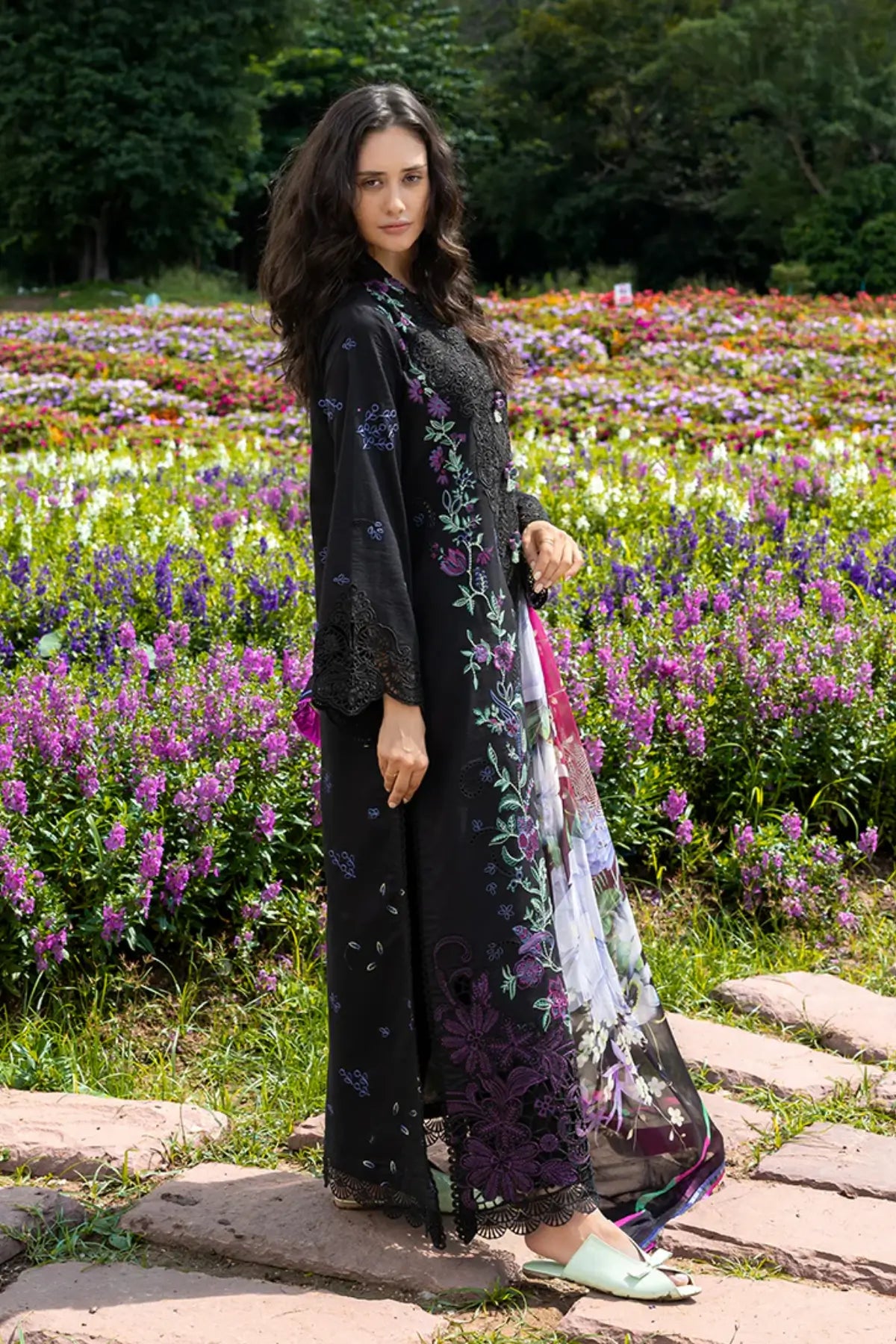 Mushq Garden Lullaby black lawn suit with organza sleeve border and chiffon dupatta