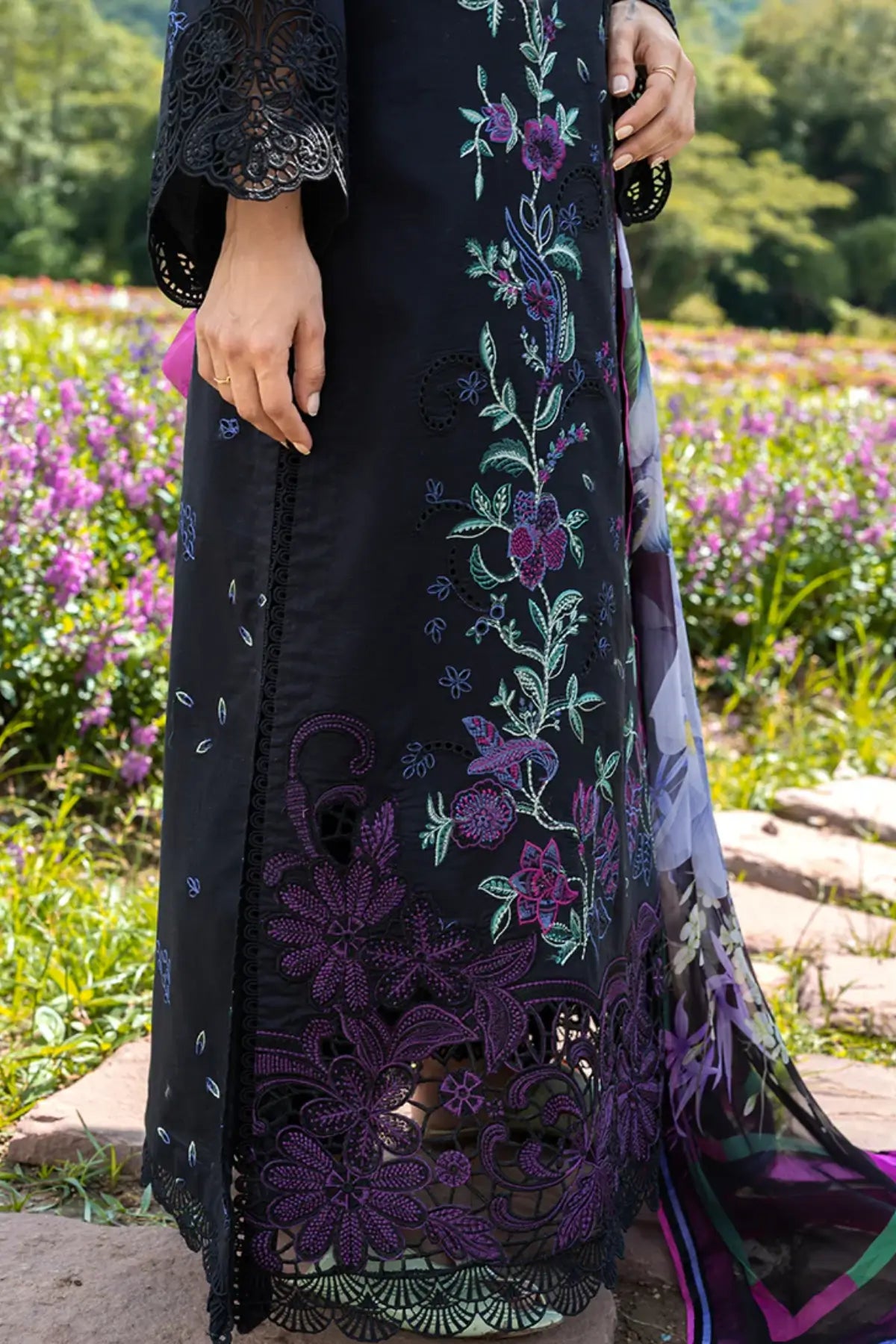 Mushq Garden Lullaby black lawn suit with organza sleeve border and chiffon dupatta