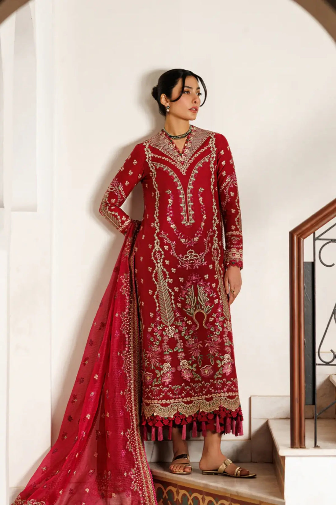 Gardenia Glow Emaan Adeel red embroidered lawn suit with cotton net dupatta