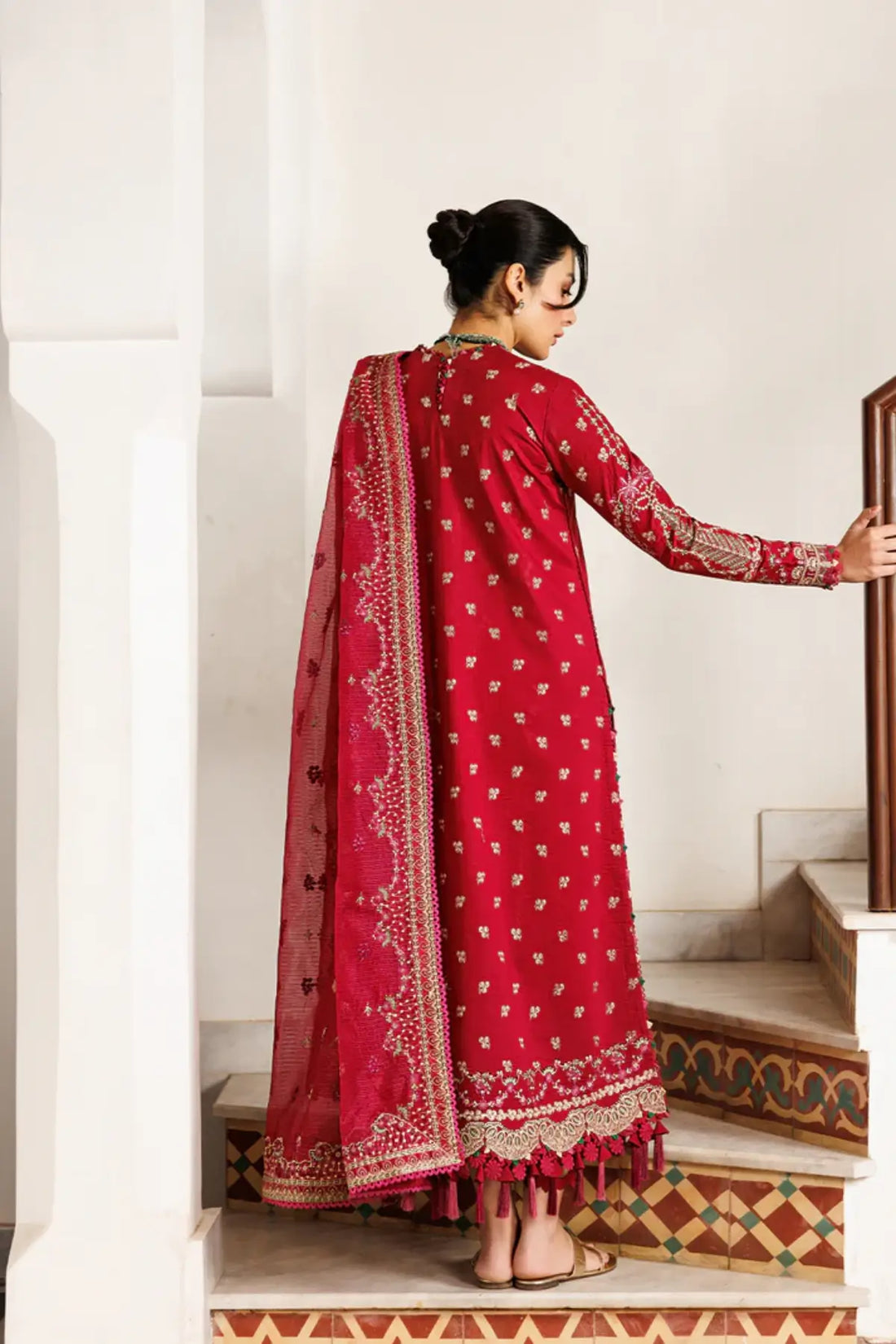 Gardenia Glow Emaan Adeel red embroidered lawn suit with cotton net dupatta