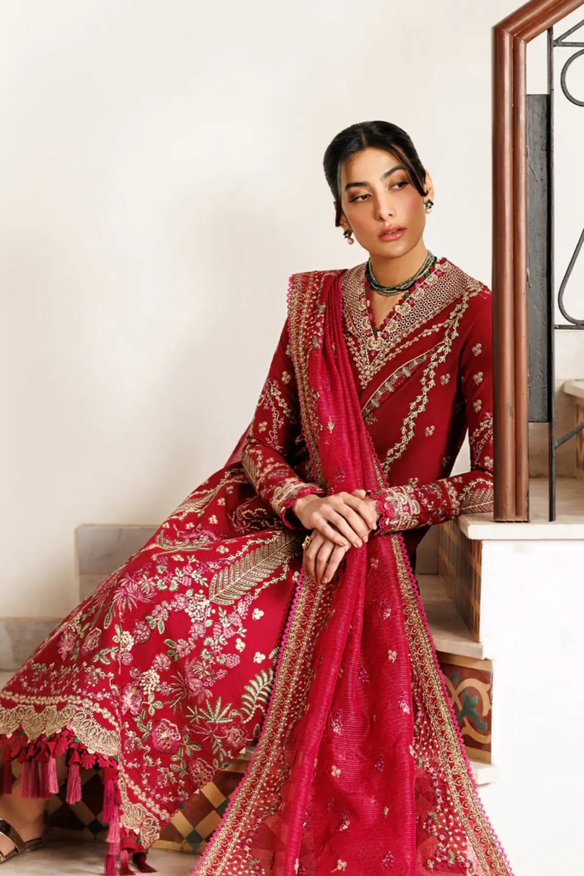 Gardenia Glow Emaan Adeel red embroidered lawn suit with cotton net dupatta