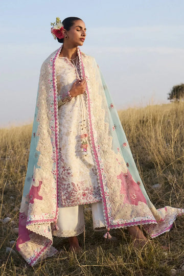 Gauri Hussain Rehar Ivory Embroidered Lawn Stitched 3PC Suit with Organza Dupatta