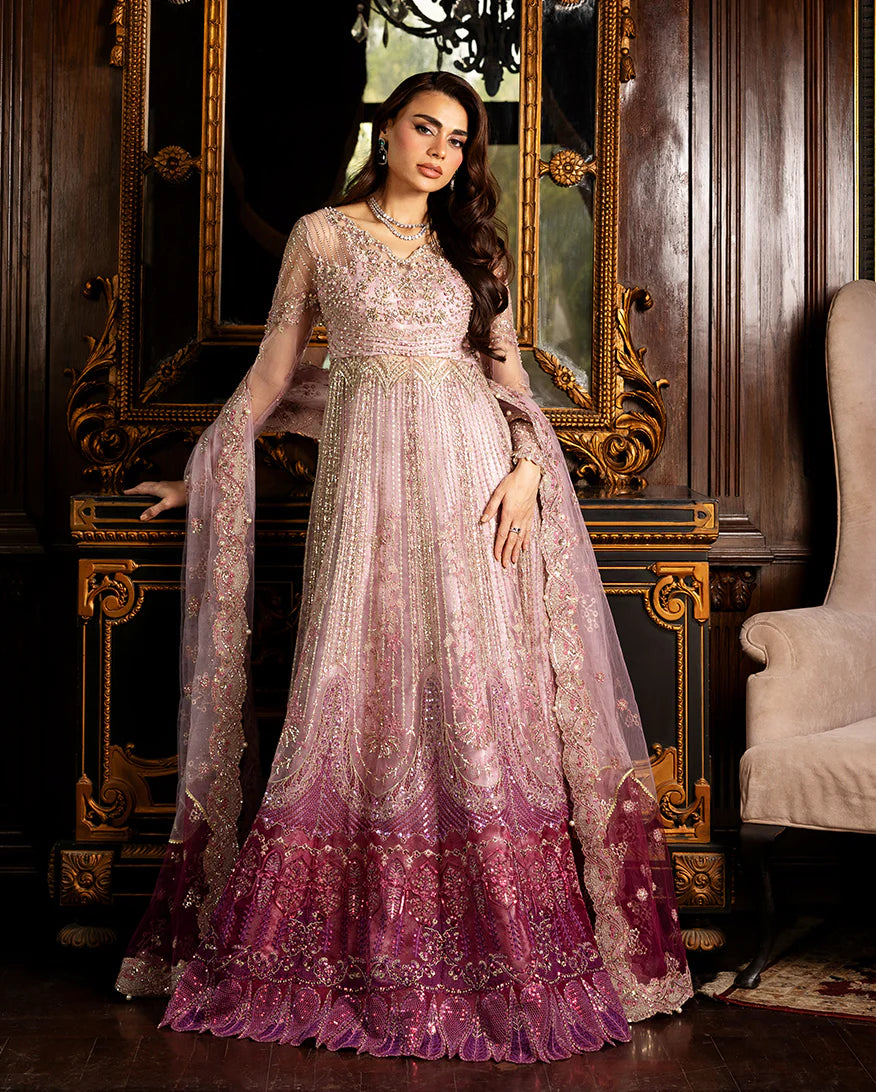 Geet pink formal net pishwas with sequined net dupatta and jamawar lehenga from Mushq Darlings Wedding Collection at Pakistanimoda.