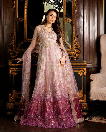 Geet pink formal net pishwas with sequined net dupatta and jamawar lehenga from Mushq Darlings Wedding Collection at Pakistanimoda.