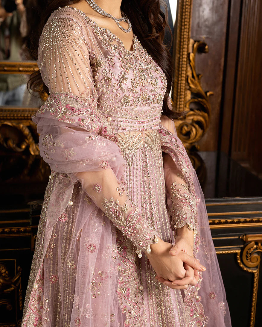 Geet pink formal net pishwas with sequined net dupatta and jamawar lehenga from Mushq Darlings Wedding Collection at Pakistanimoda.