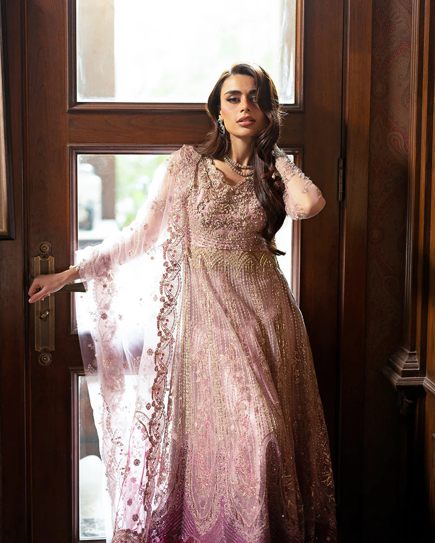 Geet pink formal net pishwas with sequined net dupatta and jamawar lehenga from Mushq Darlings Wedding Collection at Pakistanimoda.