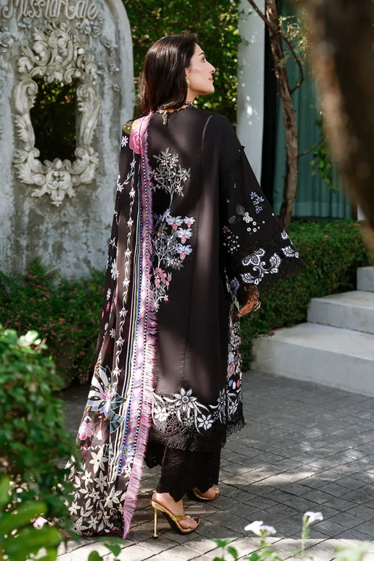 Black Gentle Breeze by Mushq chikan lawn stitched 3PC Pakistani designer suit with chiffon dupatta