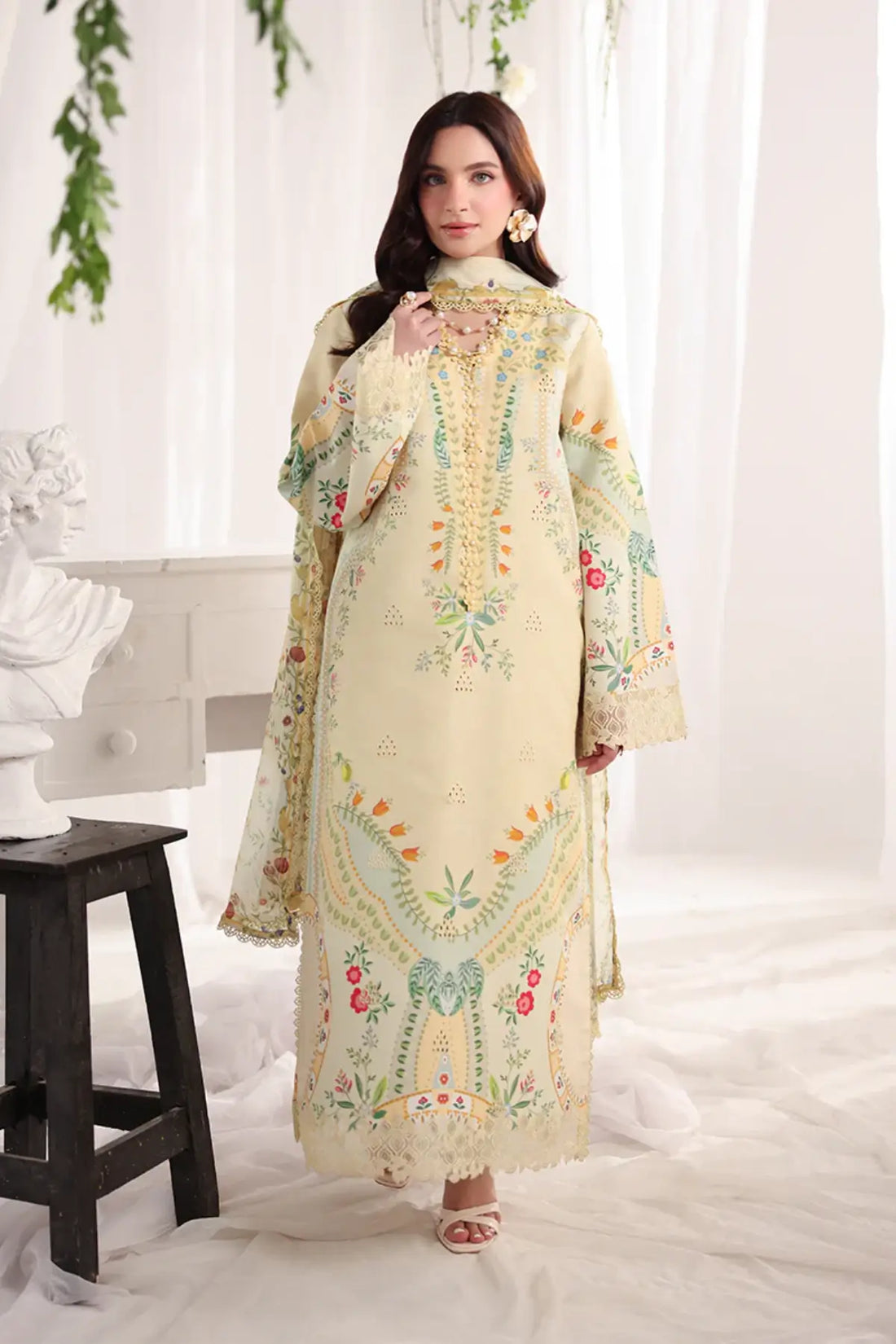 Georgia Rang Rasiya Citrus Lime lawn suit with embroidered front, organza borders, printed textured dupatta and dyed cotton trousers