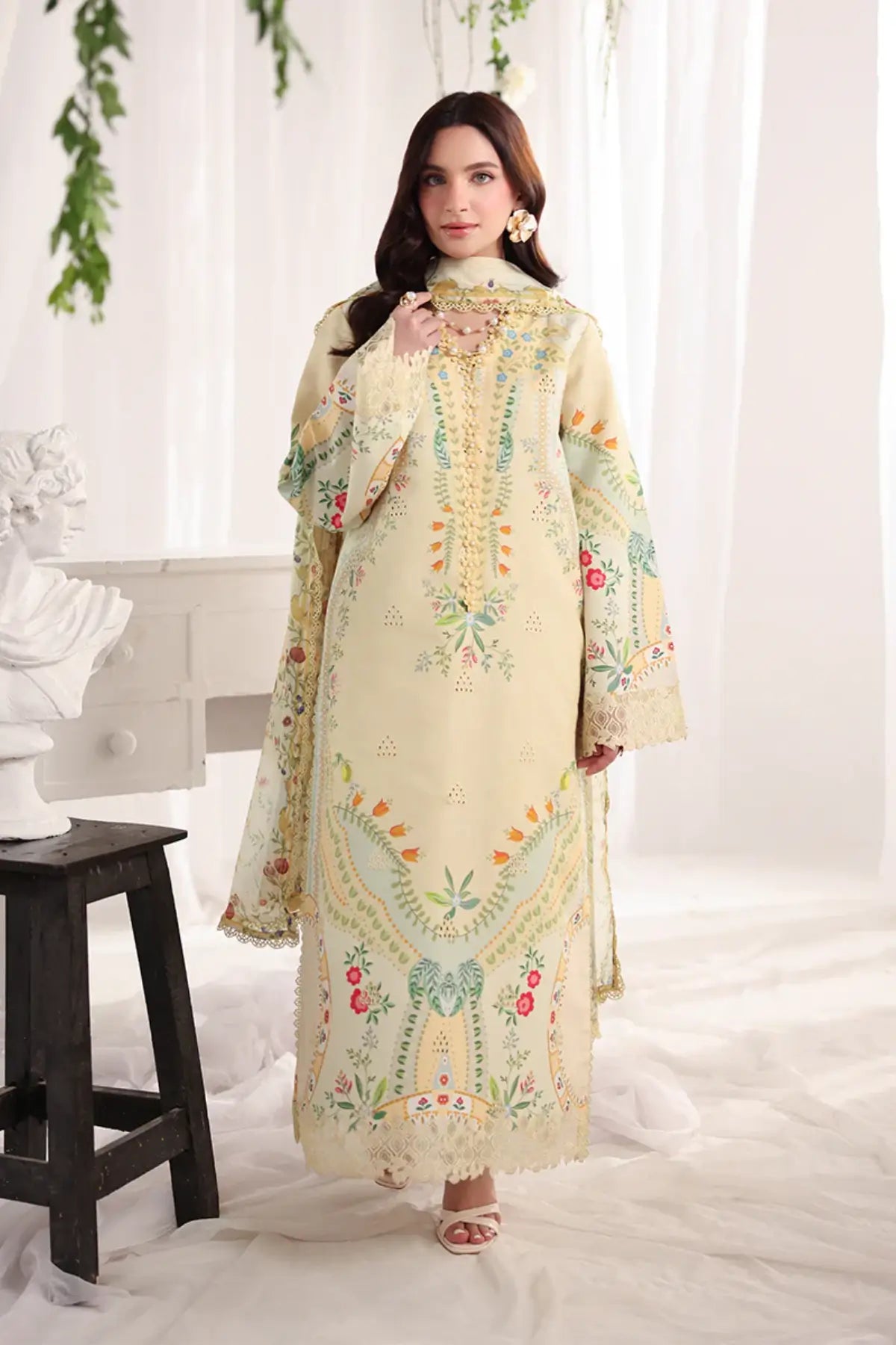 Georgia Rang Rasiya Citrus Lime lawn suit with embroidered front, organza borders, printed textured dupatta and dyed cotton trousers