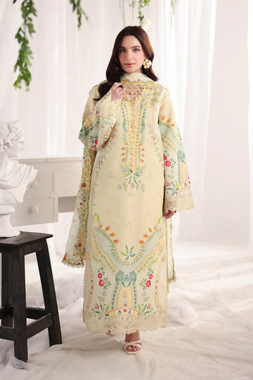 Georgia Rang Rasiya Citrus Lime lawn suit with embroidered front, organza borders, printed textured dupatta and dyed cotton trousers