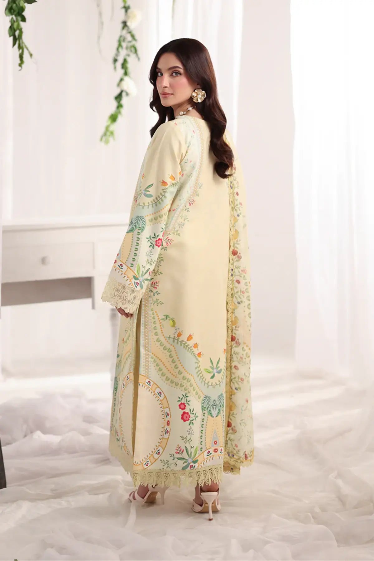 Georgia Rang Rasiya Citrus Lime lawn suit with embroidered front, organza borders, printed textured dupatta and dyed cotton trousers
