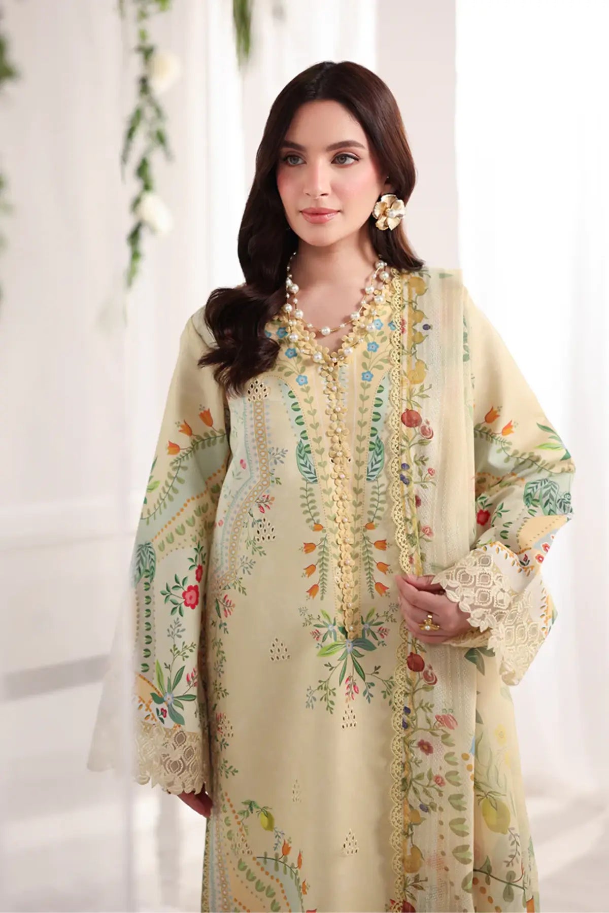 Georgia Rang Rasiya Citrus Lime lawn suit with embroidered front, organza borders, printed textured dupatta and dyed cotton trousers