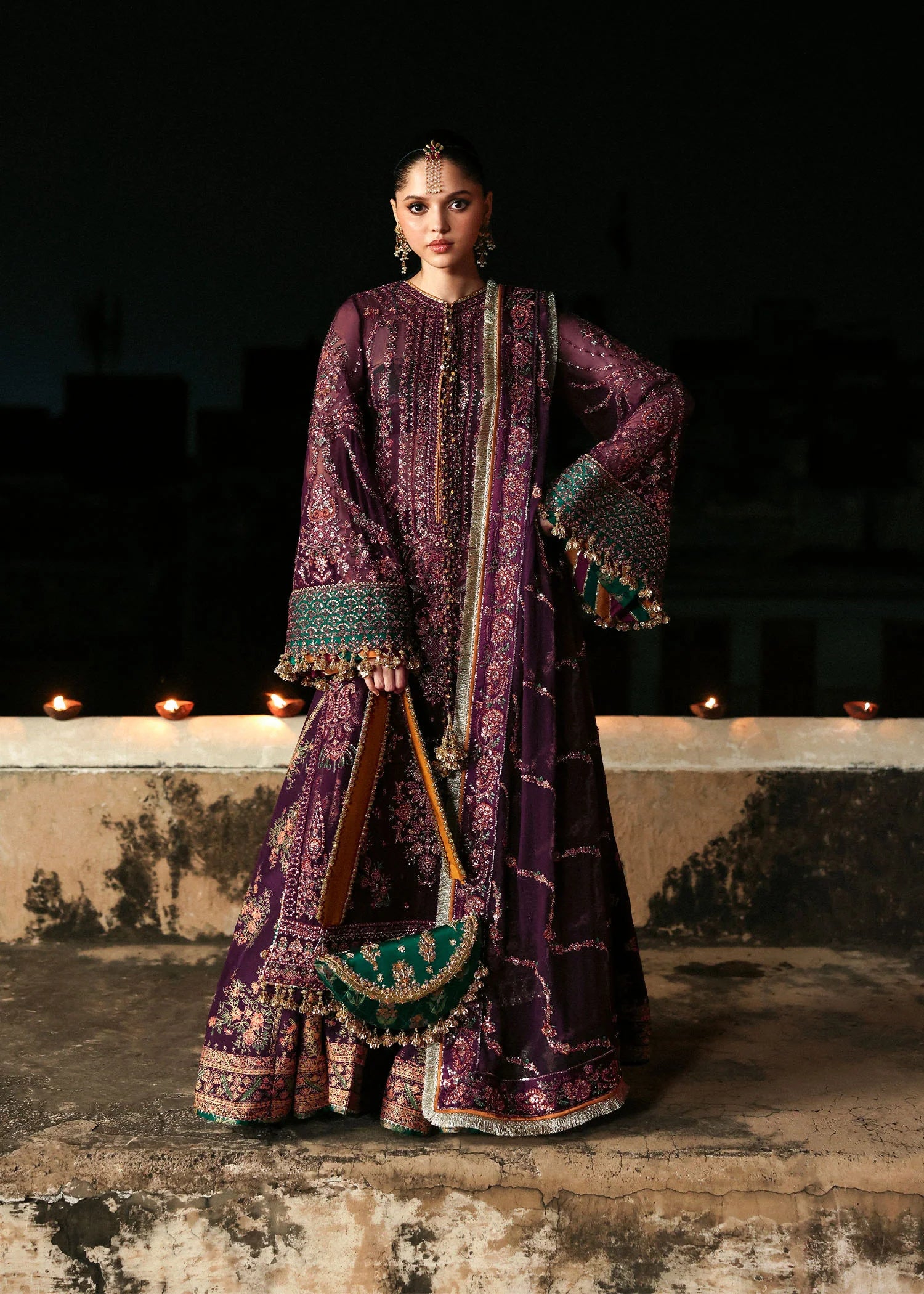 Ghazal plum chiffon embroidered lehenga and sharara suit with dupatta – Hussain Rehar Massarat Festive ’25 Collection, stitched and available at Pakistanimoda.