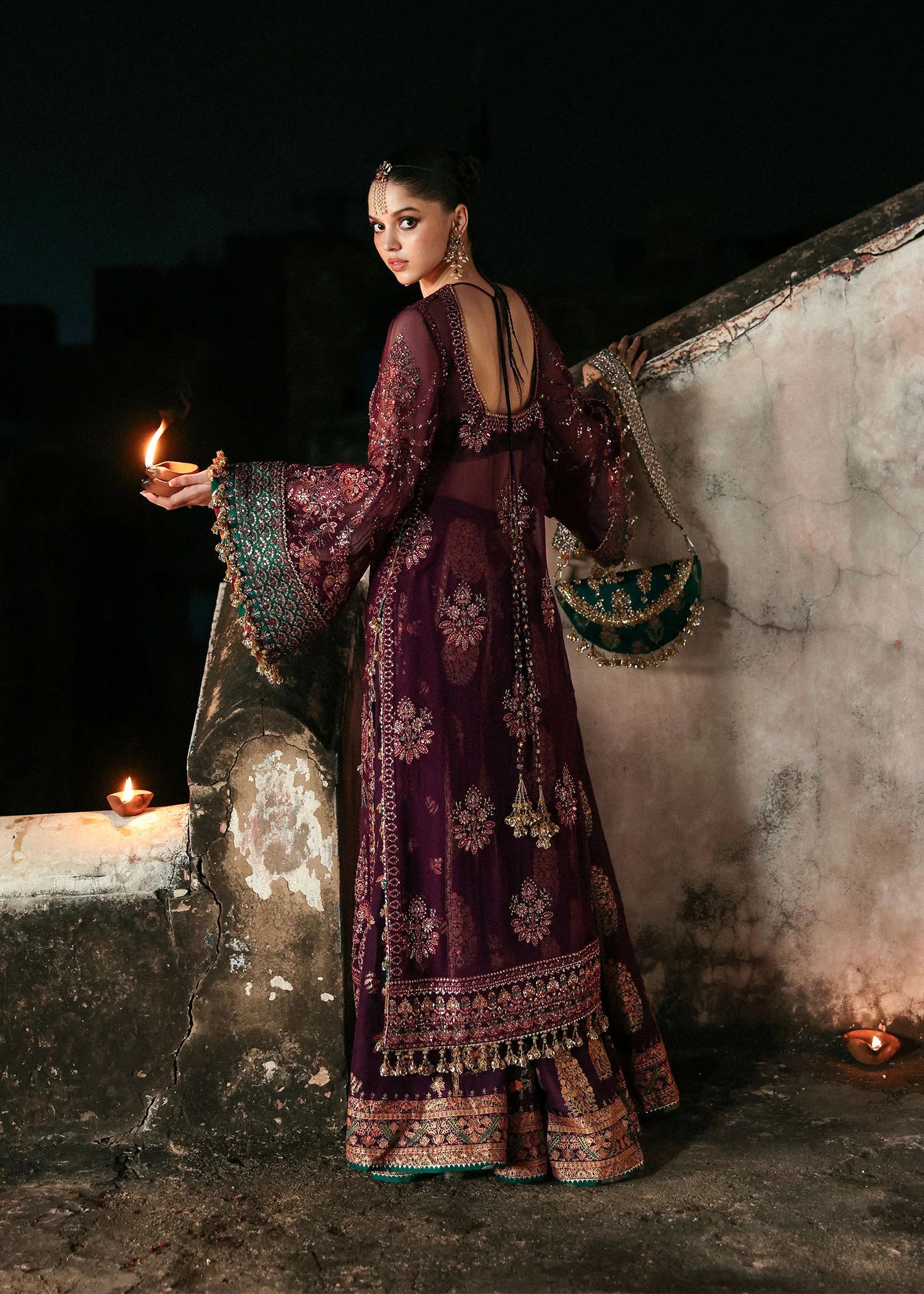 Ghazal plum chiffon embroidered lehenga and sharara suit with dupatta – Hussain Rehar Massarat Festive ’25 Collection, stitched and available at Pakistanimoda.