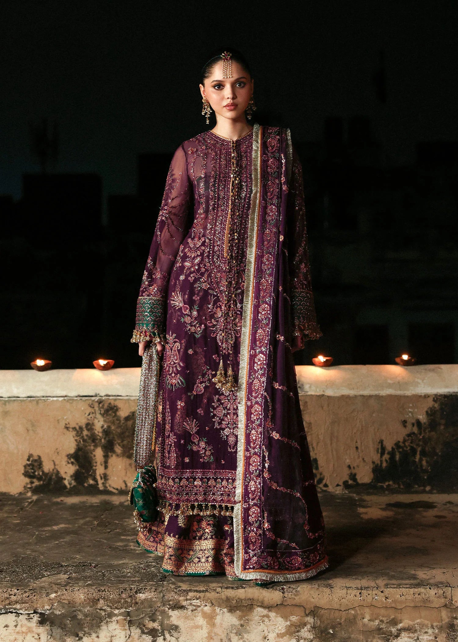Ghazal plum chiffon embroidered lehenga and sharara suit with dupatta – Hussain Rehar Massarat Festive ’25 Collection, stitched and available at Pakistanimoda.