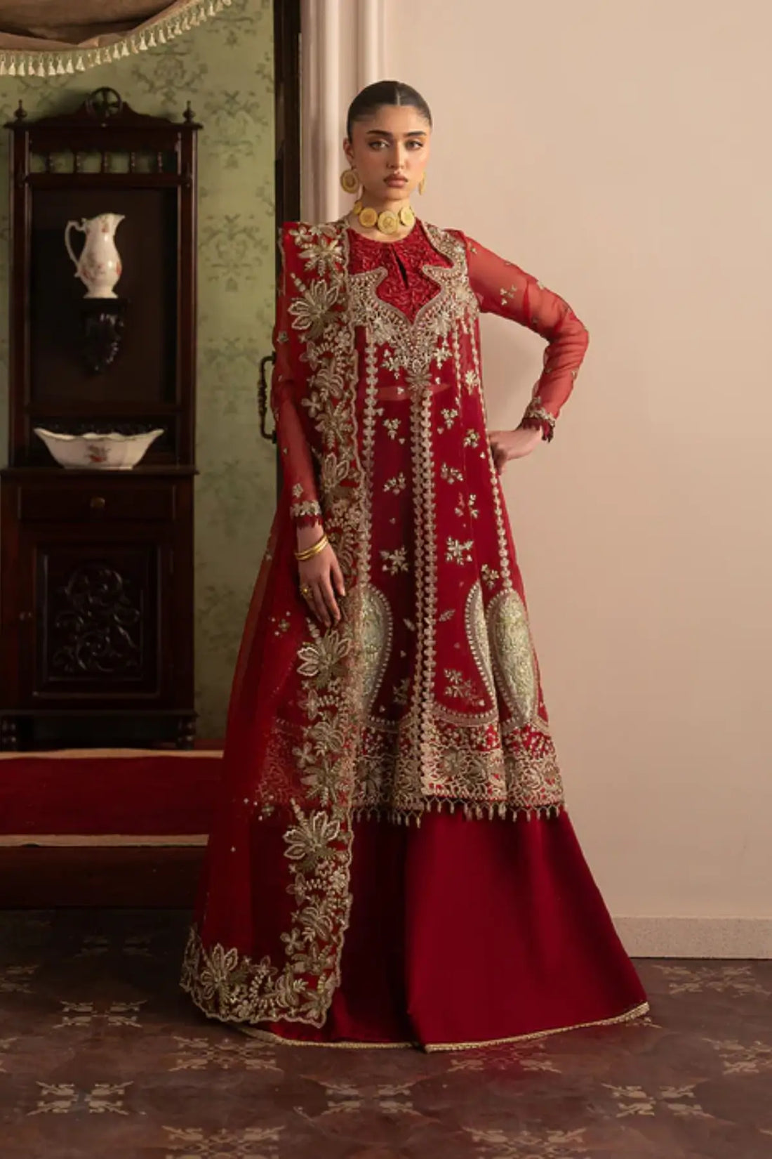 Ghermez by Sadaf Fawad Khan red gold embellished sharara from Roya Lumière Collection