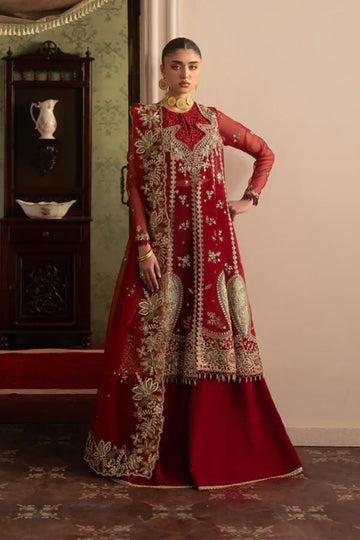Ghermez by Sadaf Fawad Khan red gold embellished sharara from Roya Lumière Collection