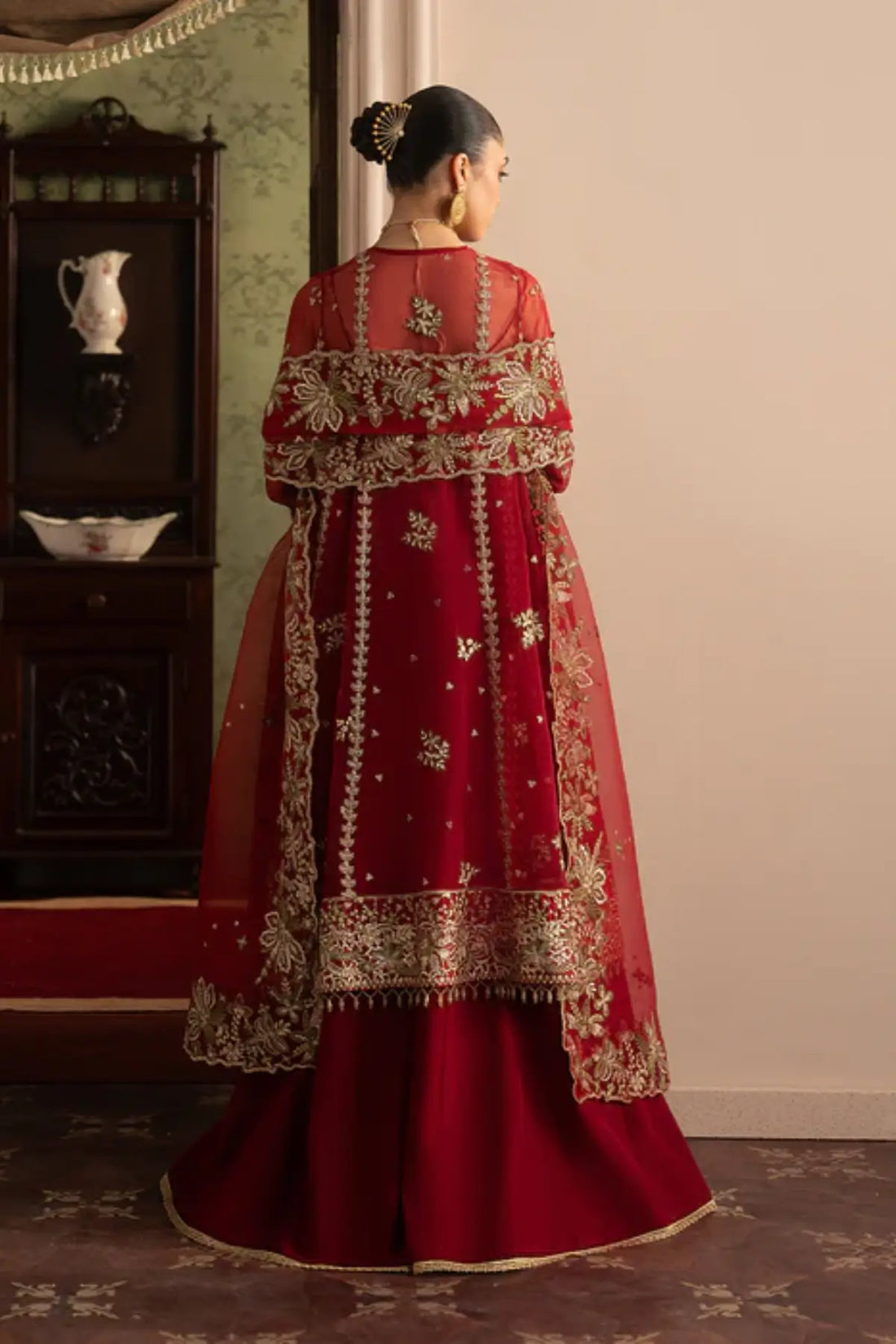 Ghermez by Sadaf Fawad Khan red gold embellished sharara from Roya Lumière Collection