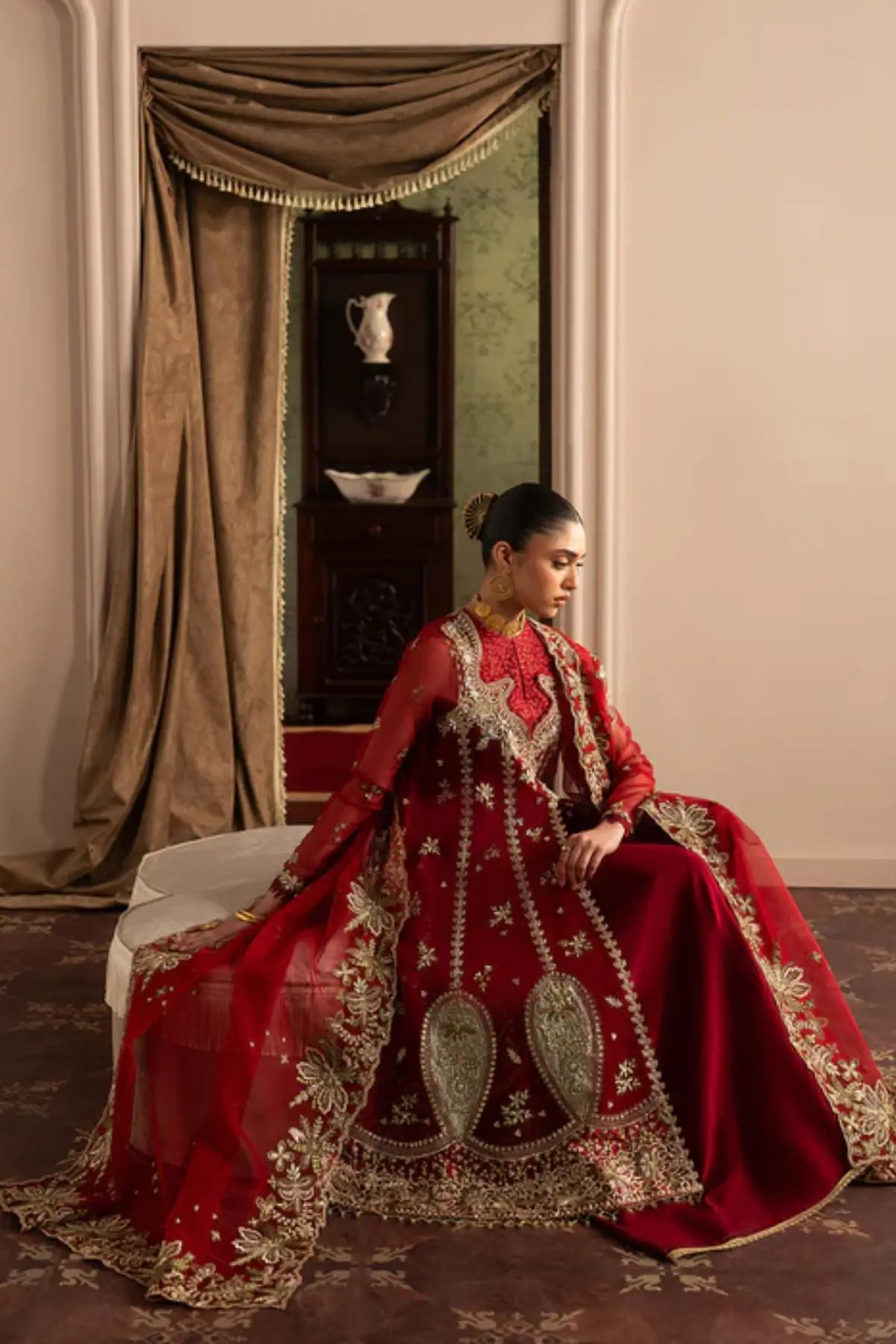 Ghermez by Sadaf Fawad Khan red gold embellished sharara from Roya Lumière Collection