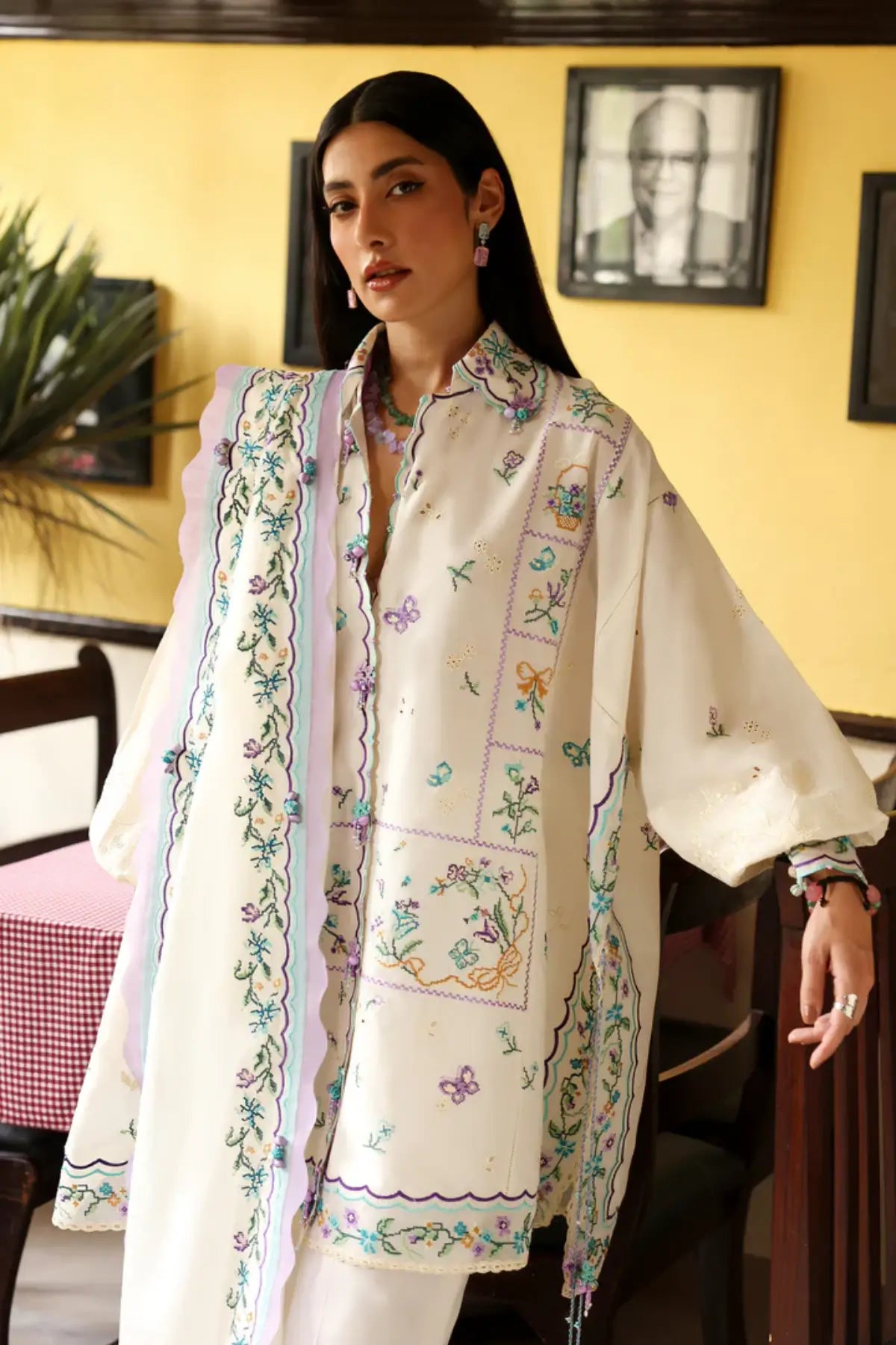 Zaha Ghost Orchid Whisper ZF26-07 ivory stitched lawn 3PC suit with pastel embroidery and voile dupatta