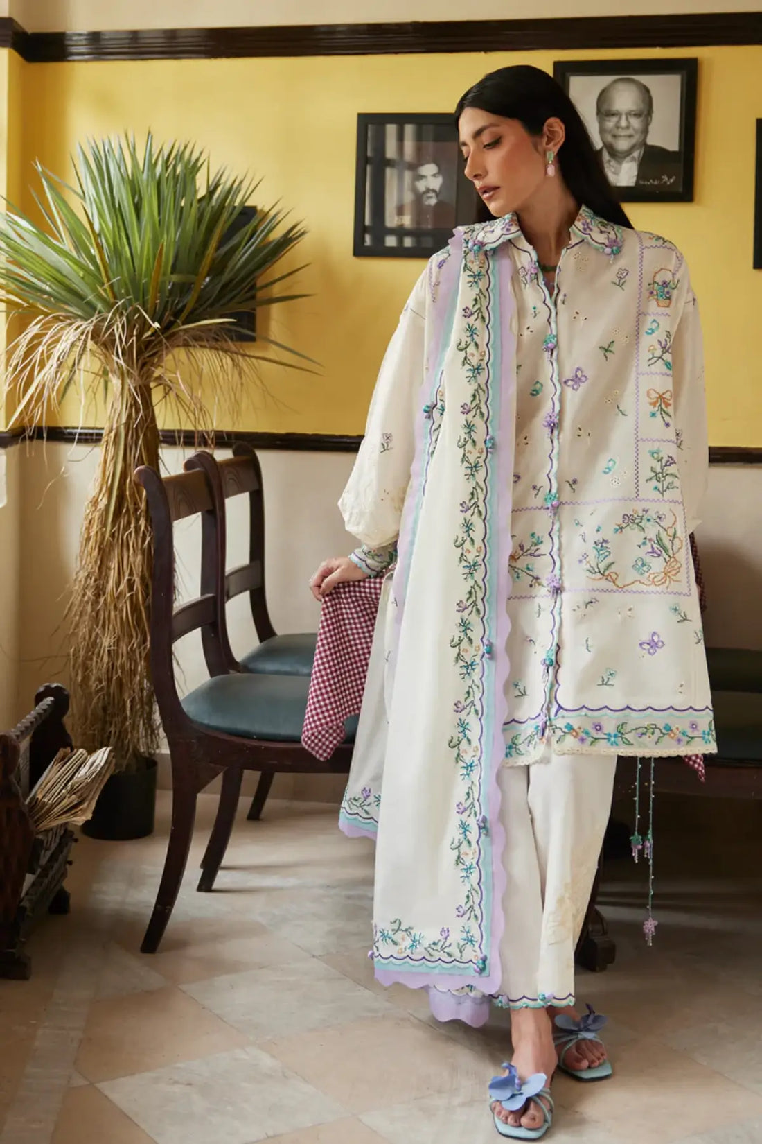 Zaha Ghost Orchid Whisper ZF26-07 ivory stitched lawn 3PC suit with pastel embroidery and voile dupatta